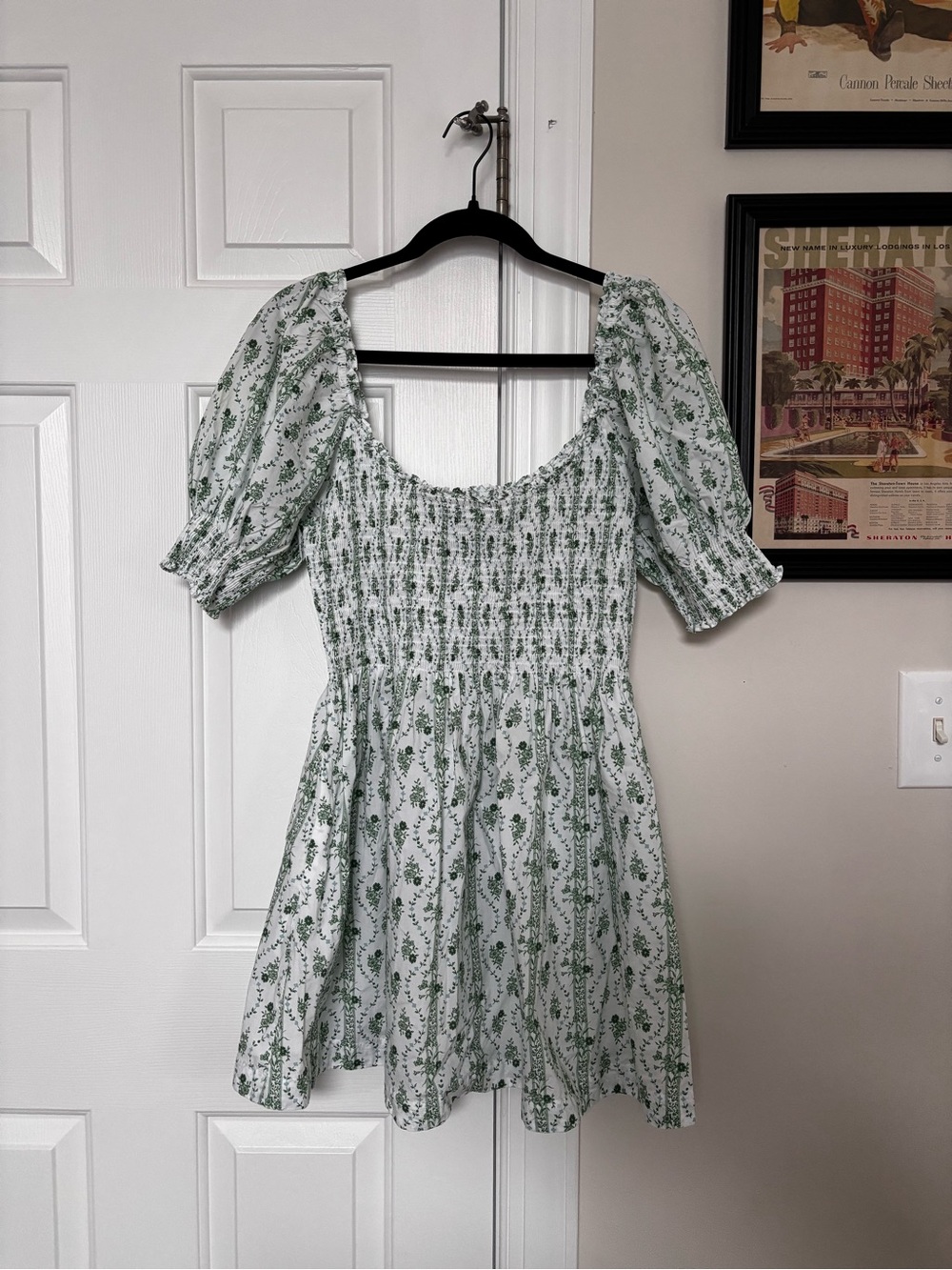 Hill House White Mini Dress with Green Floral Print
